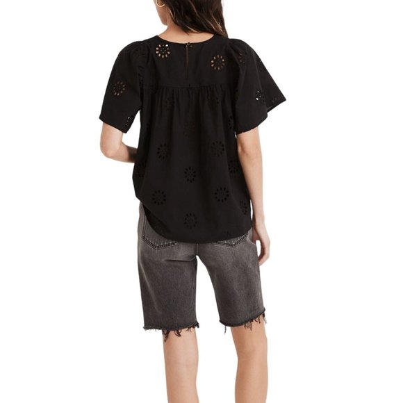 NEW MADEWELL Black Cotton Daisy Eyelet Flutter-Sleeve Yoke Top Size XS NWT 0037 - Picture 2 of 10